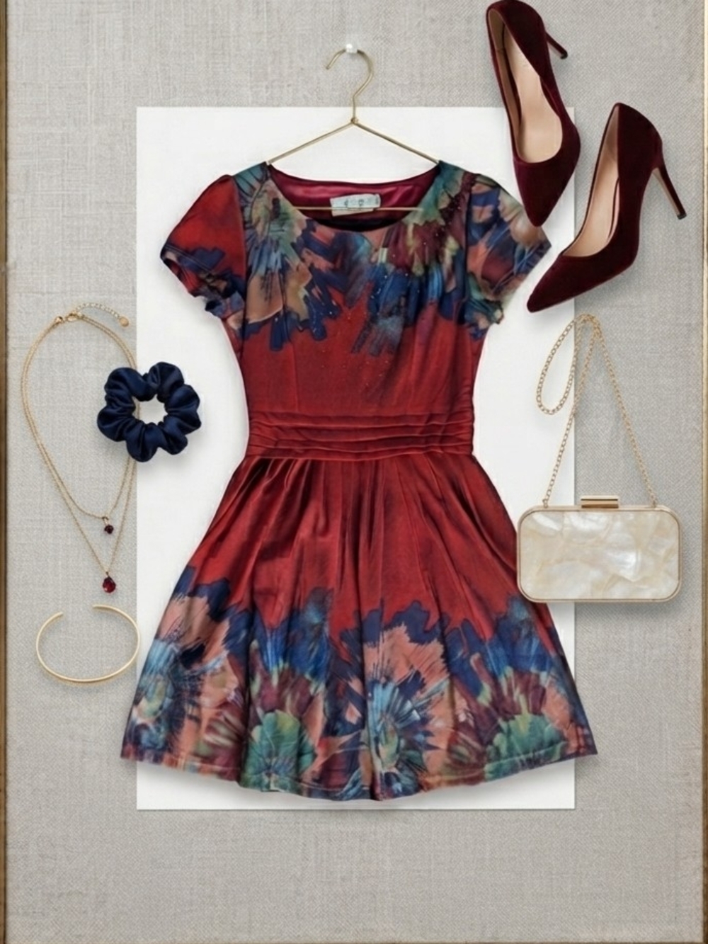ChunBeiSha Floral Print Burgundy Fit & Flare Dress Small - Picture 6 of 8